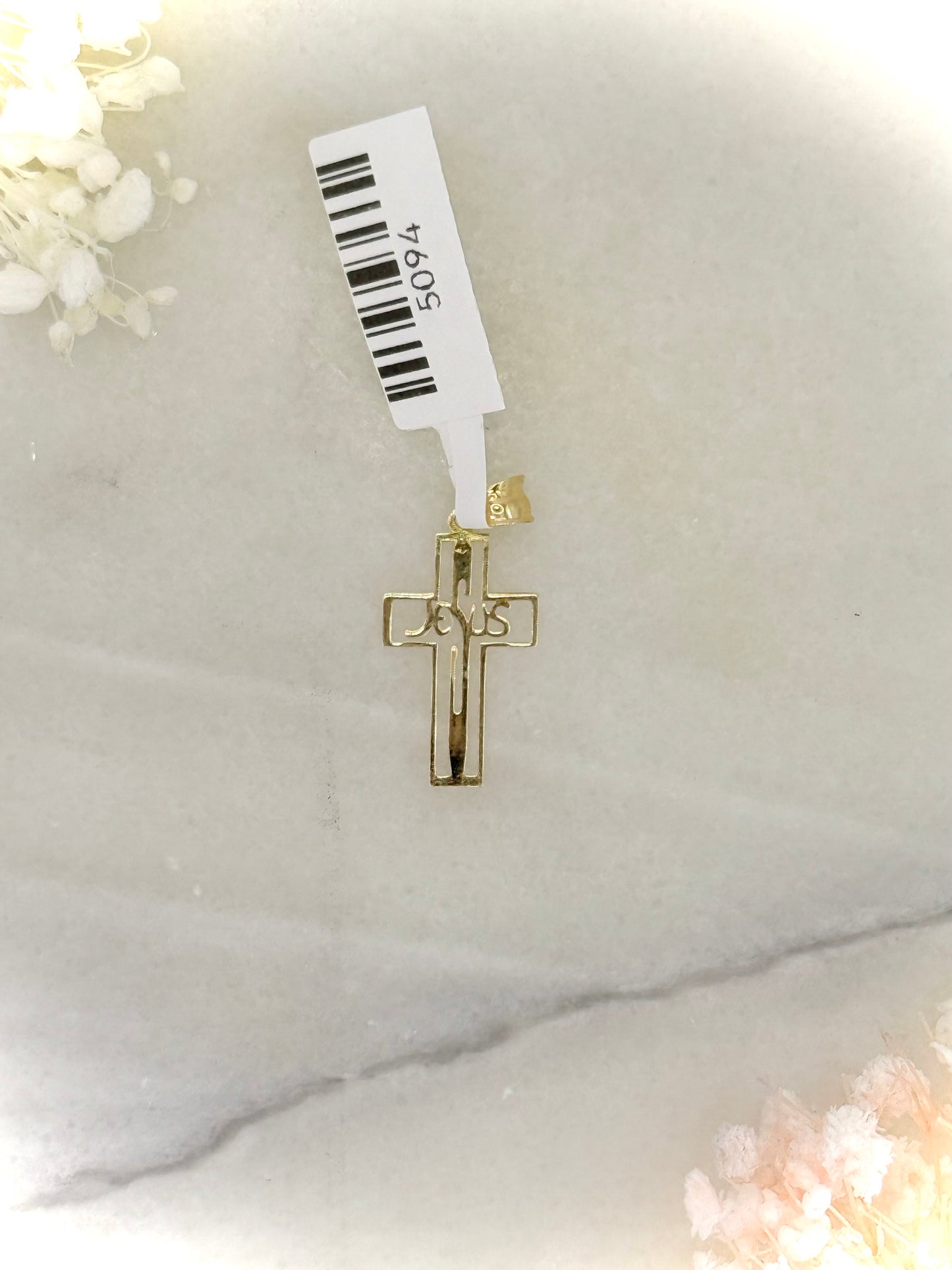 18K Yellow Gold Cross Pendant with “Jesus” Grafted Inside