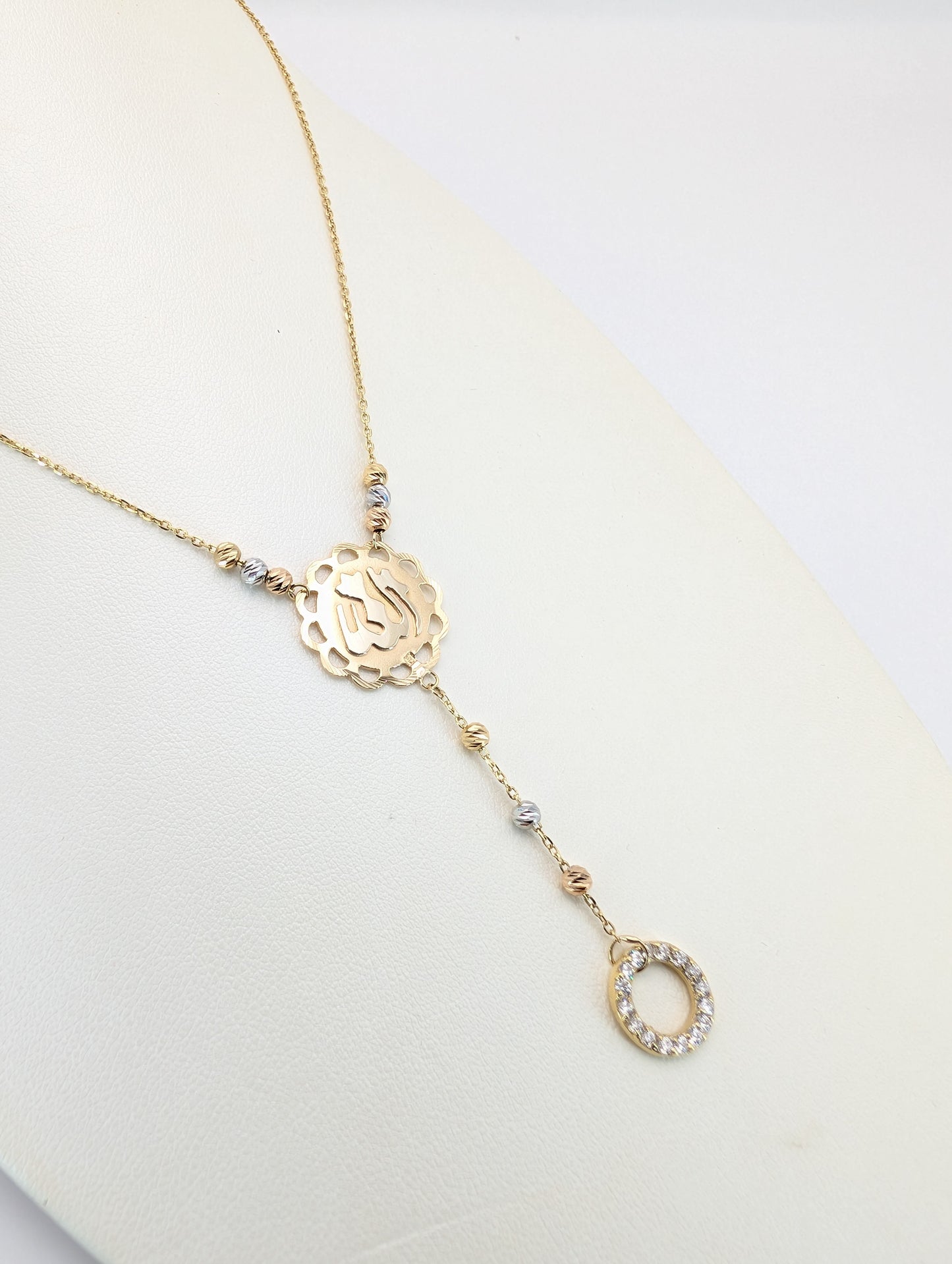 18K Gold Allah Pendant Necklace with Diamond-Cut Beads & CZ Circle Drop