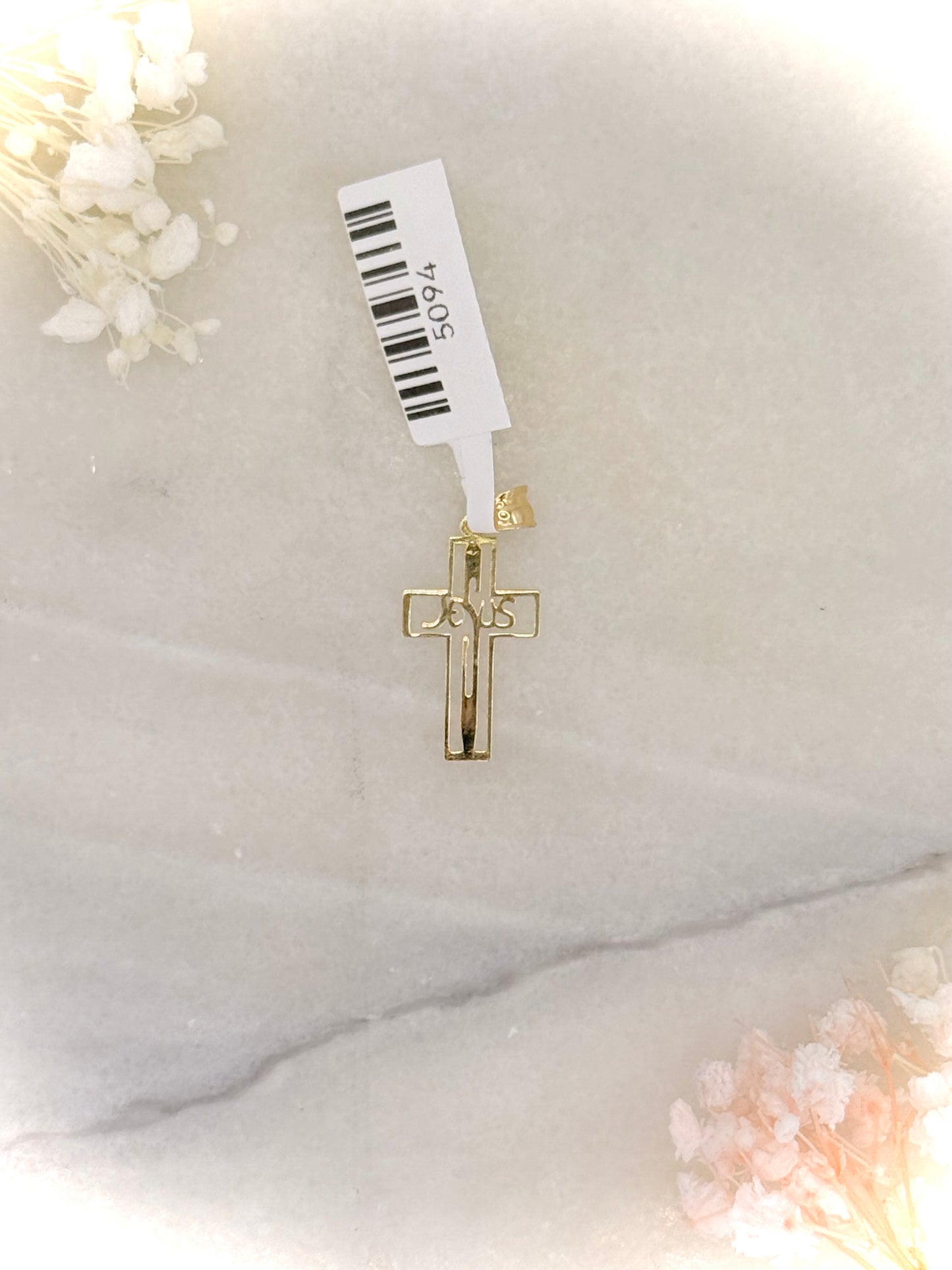 18K Yellow Gold Cross Pendant with “Jesus” Grafted Inside