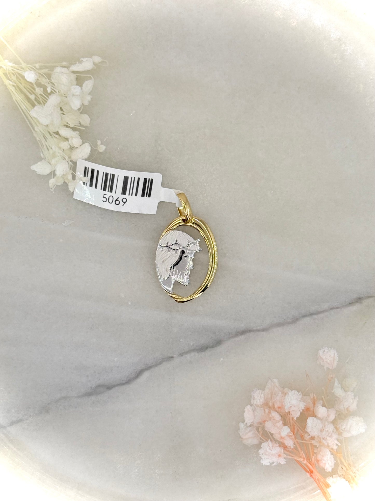 18K Two-Tone Jesus Head Pendant – White & Yellow Gold