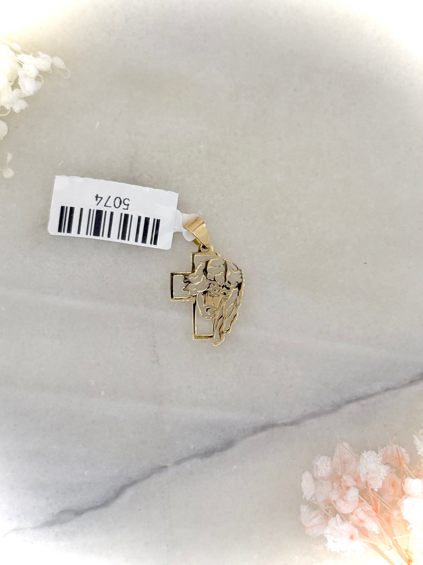 18K Yellow Gold Cross Pendant with Engraved Jesus Head