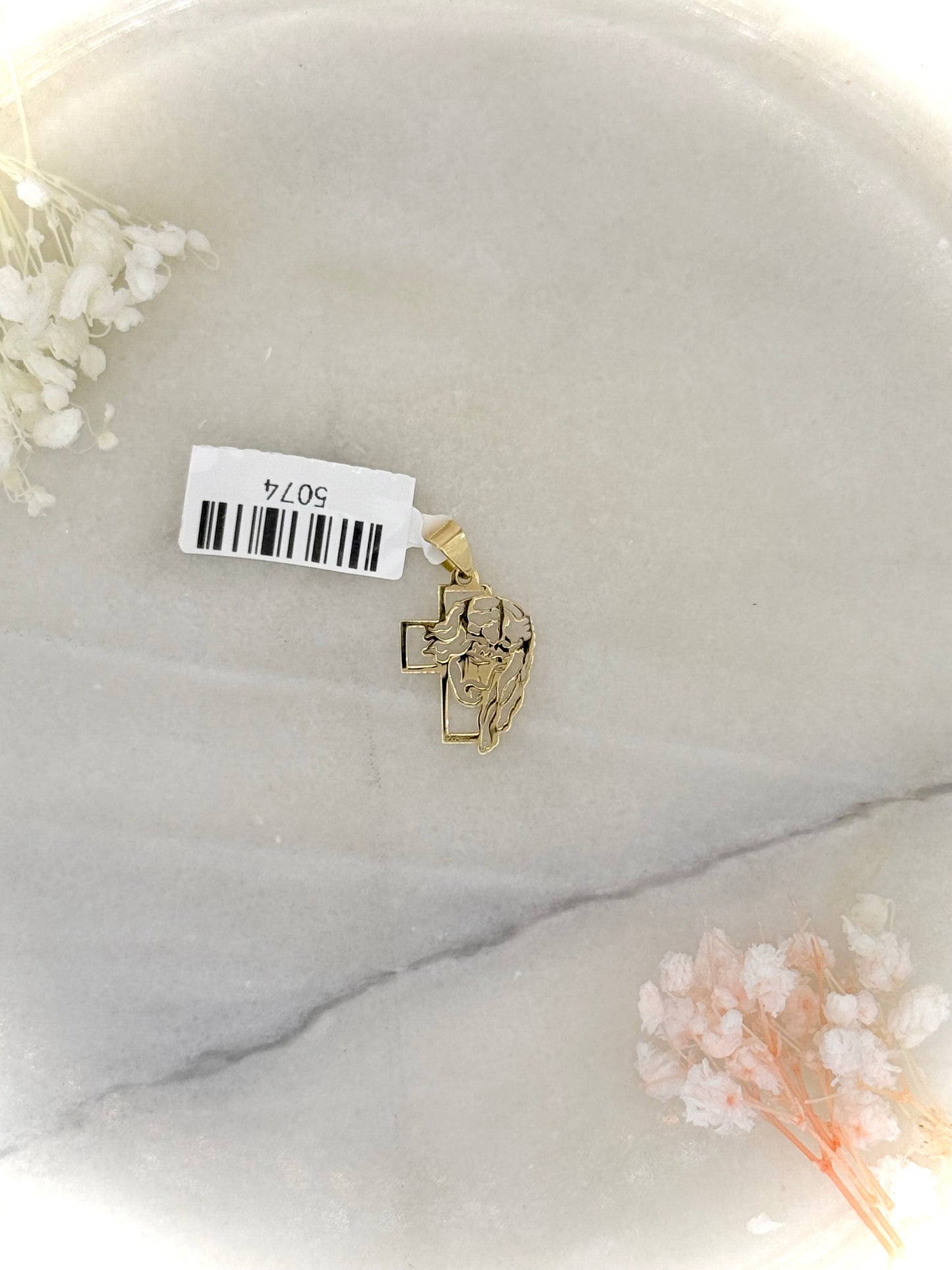 18K Yellow Gold Cross Pendant with Engraved Jesus Head