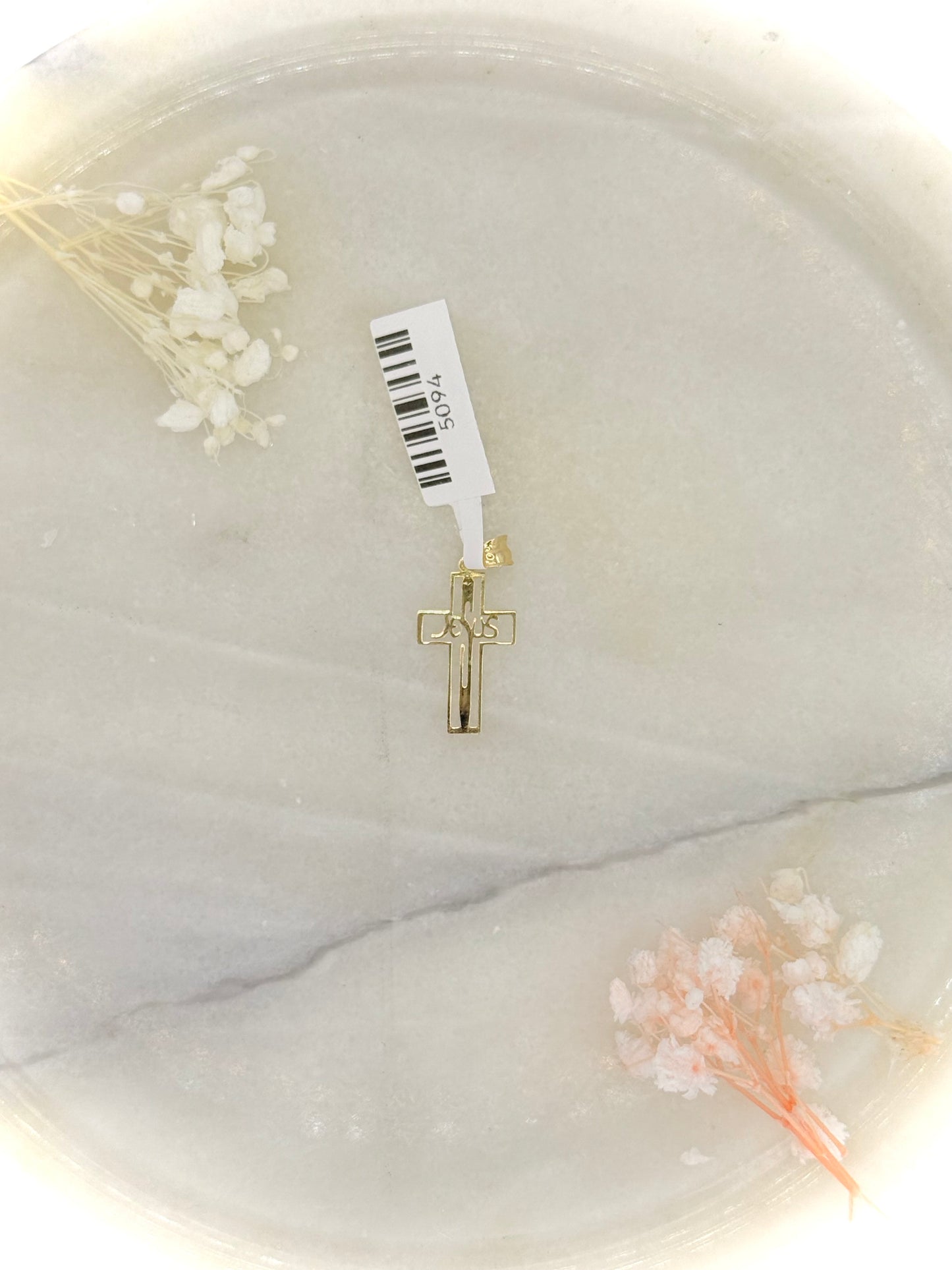 18K Yellow Gold Cross Pendant with “Jesus” Grafted Inside