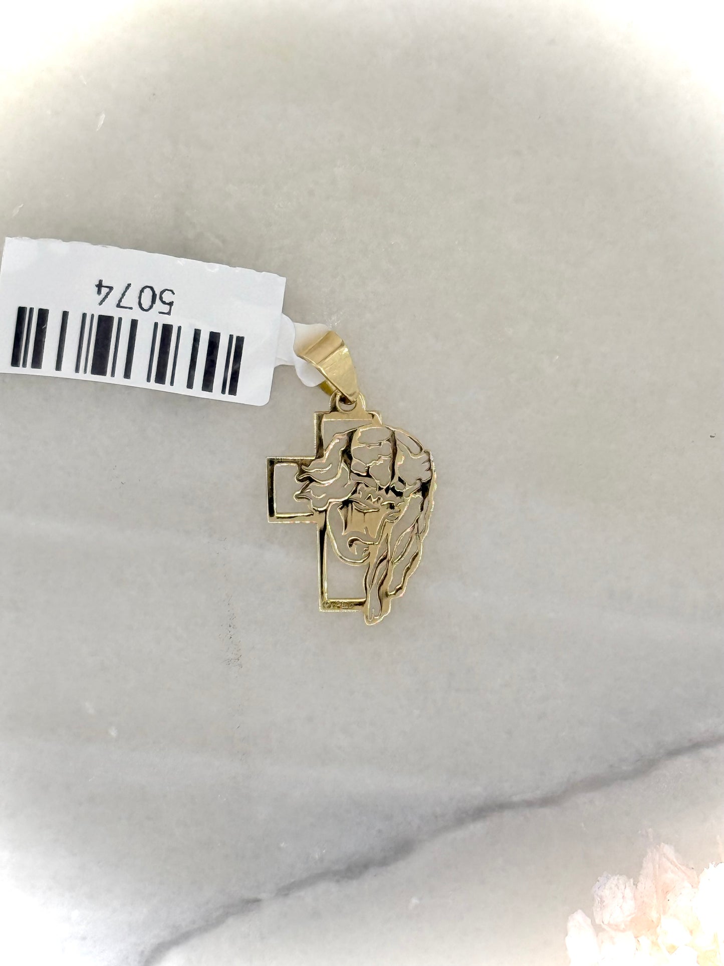 18K Yellow Gold Cross Pendant with Engraved Jesus Head