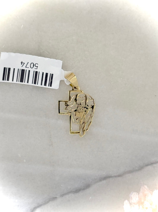 18K Yellow Gold Cross Pendant with Engraved Jesus Head