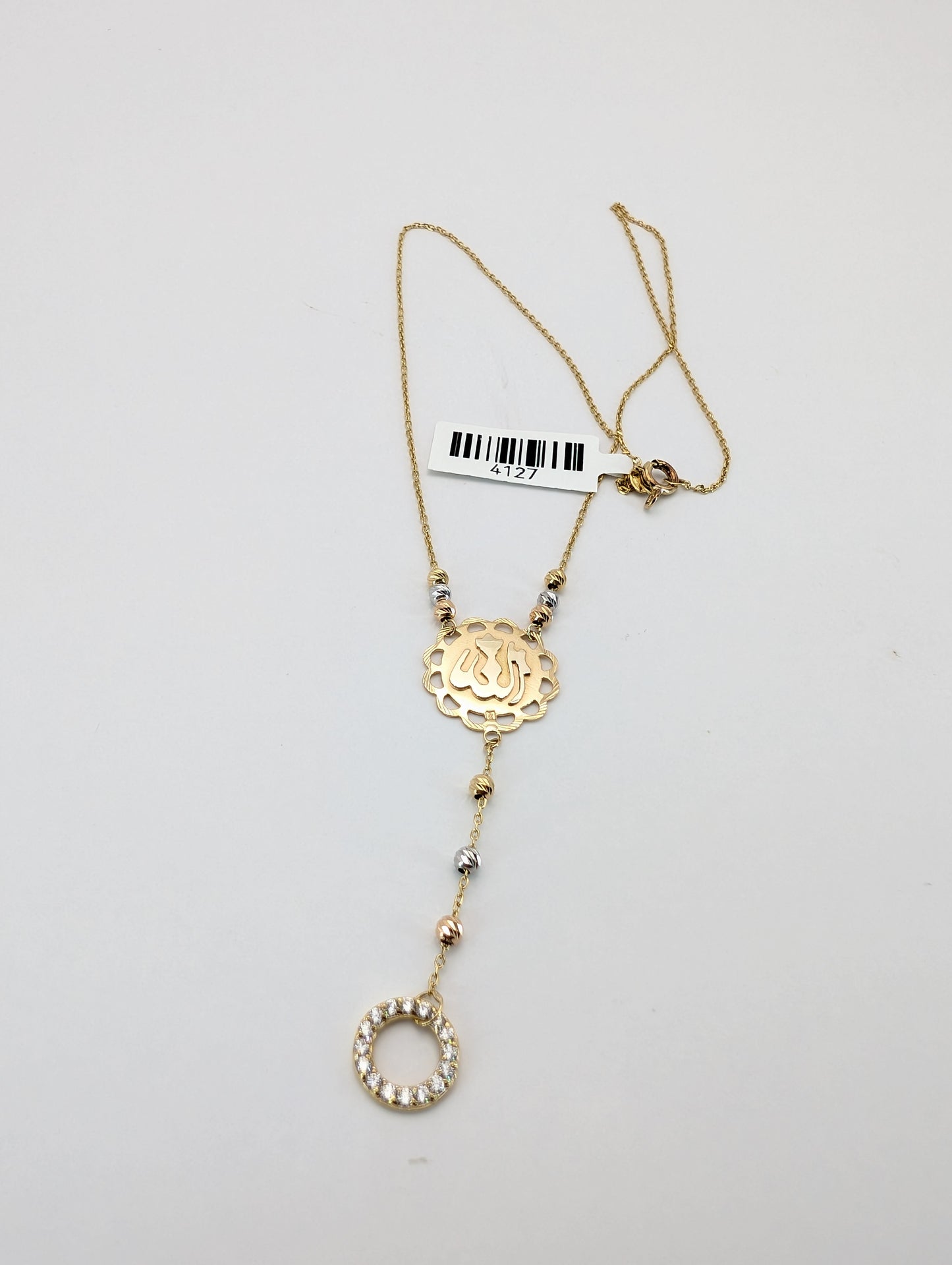 18K Gold Allah Pendant Necklace with Diamond-Cut Beads & CZ Circle Drop