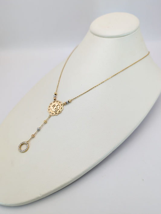 18K Gold Allah Pendant Necklace with Diamond-Cut Beads & CZ Circle Drop