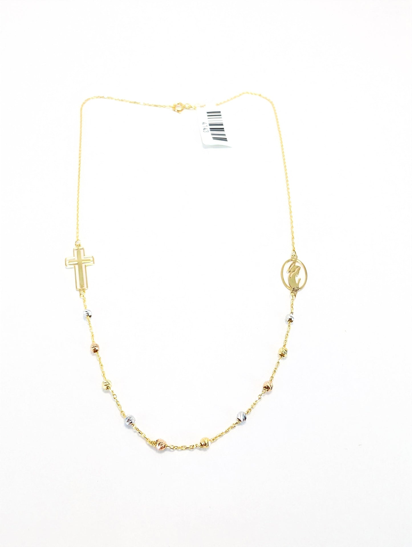 18KT Gold Faith Necklace – Cross & Virgin Mary with Tri-Color Beads