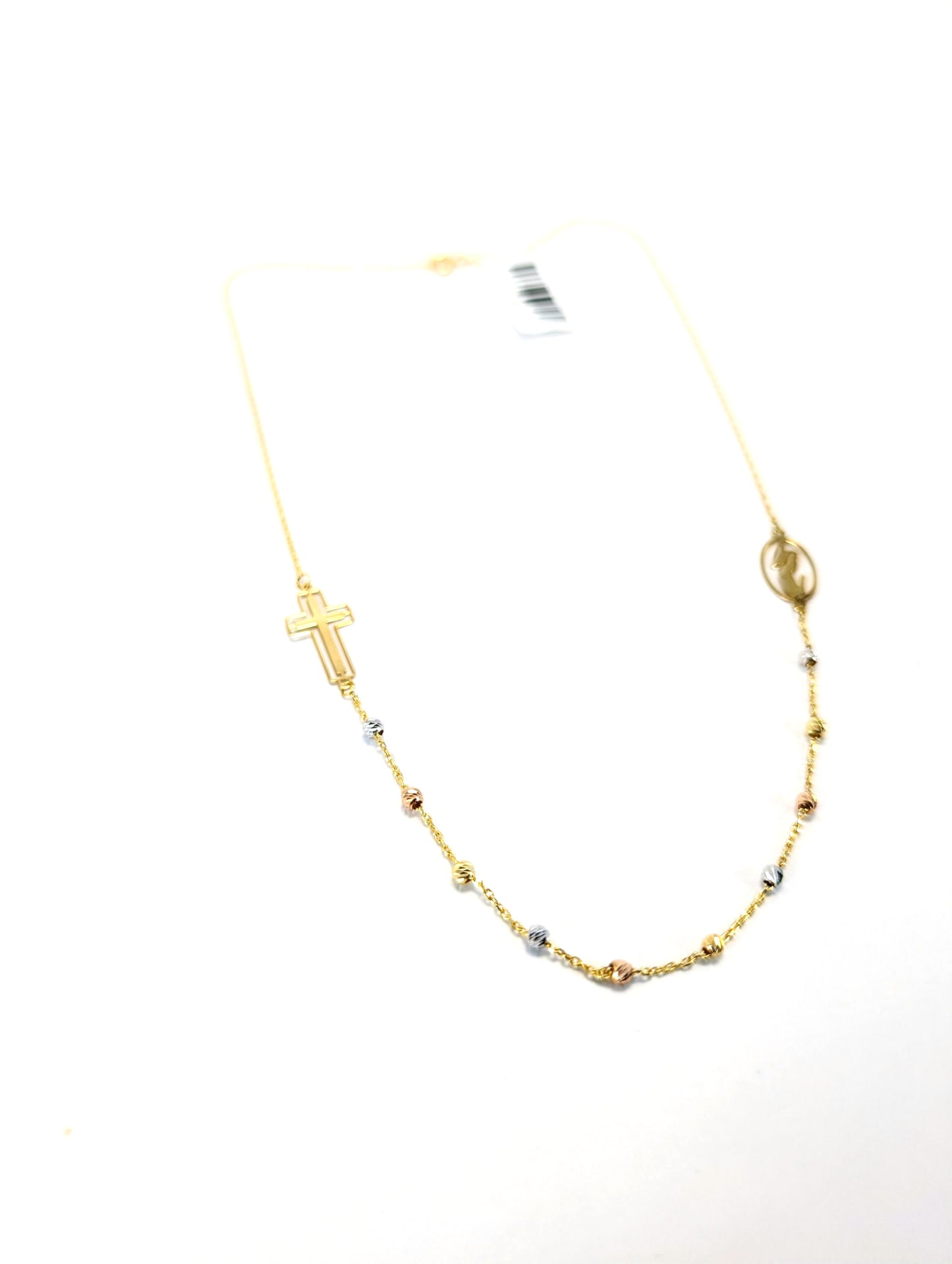 18KT Gold Faith Necklace – Cross & Virgin Mary with Tri-Color Beads