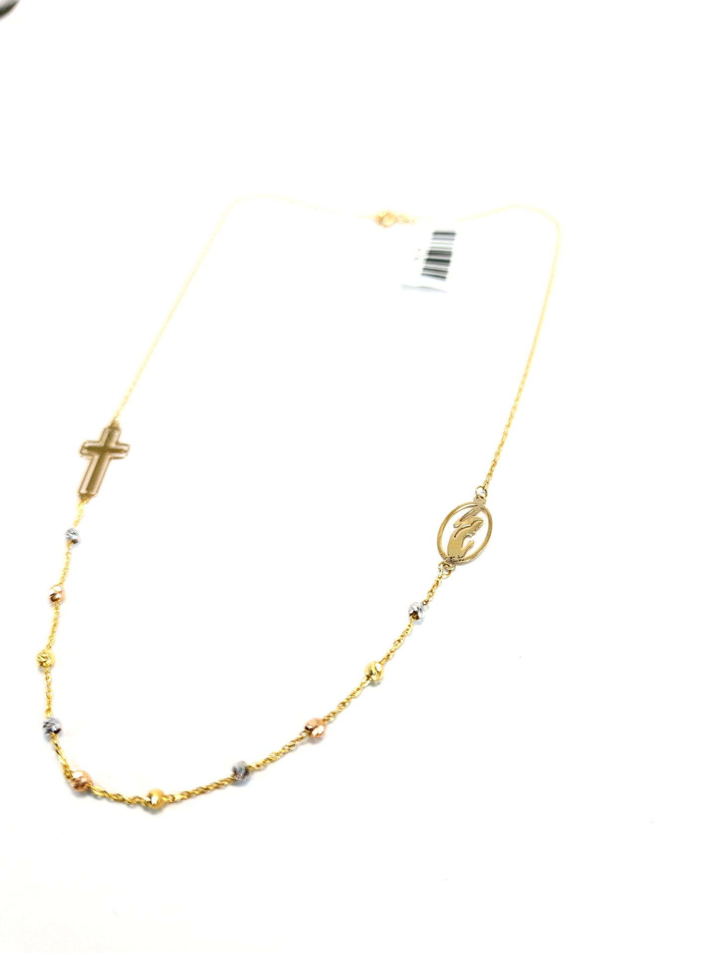 18KT Gold Faith Necklace – Cross & Virgin Mary with Tri-Color Beads