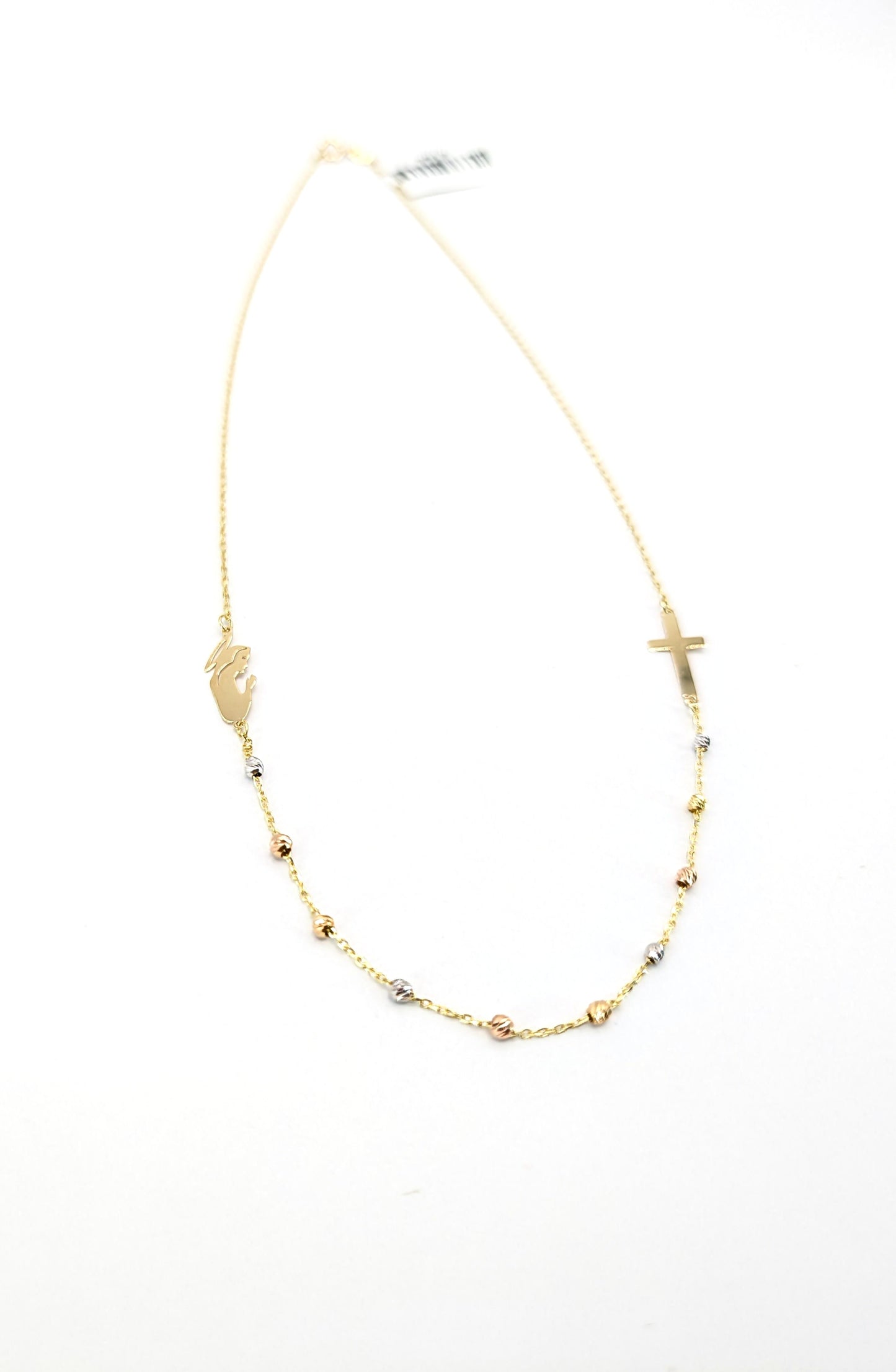 18KT Gold Rosary Necklace – Cross, Virgin Mary & Tri-Color Beads