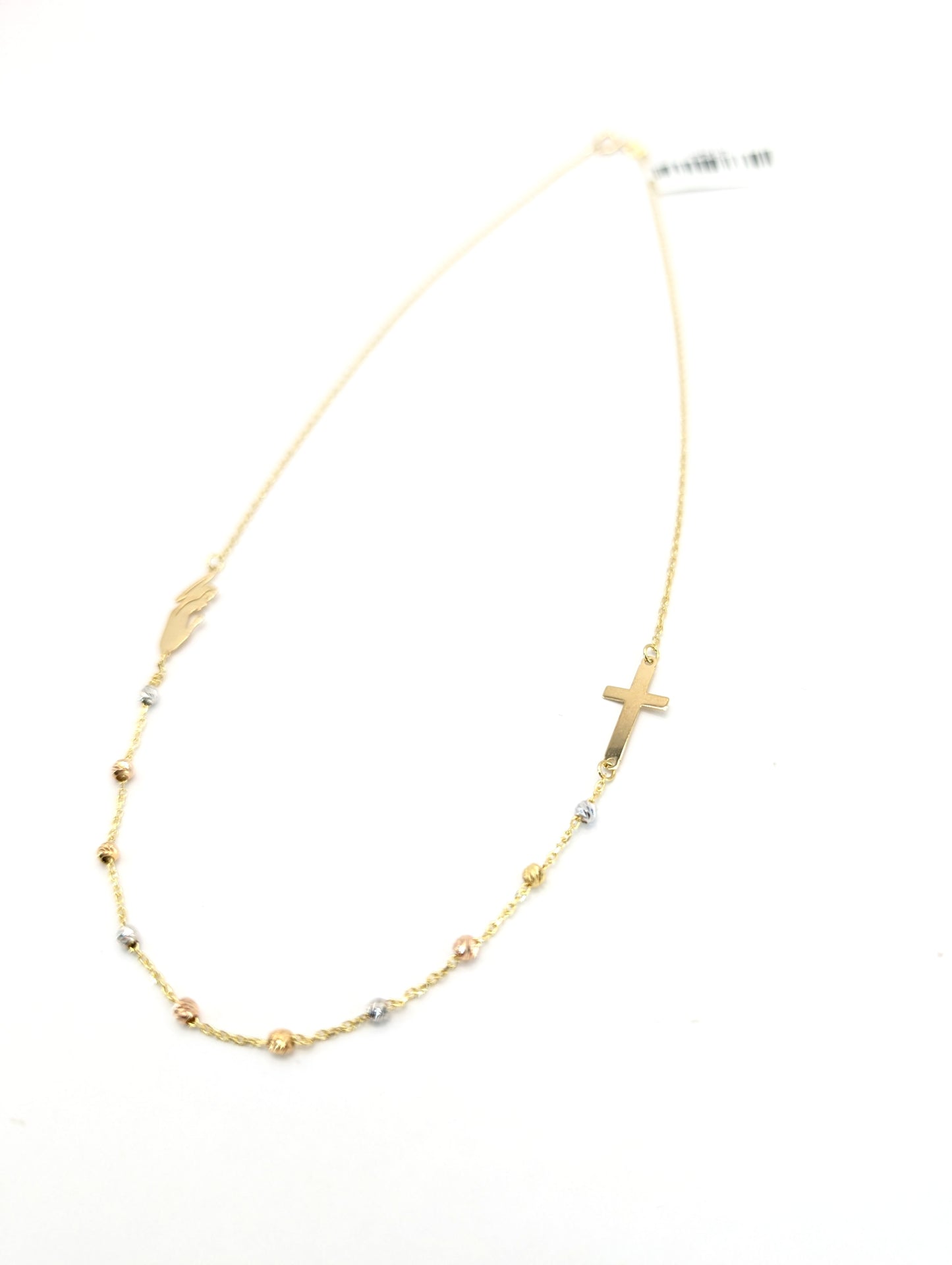 18KT Gold Rosary Necklace – Cross, Virgin Mary & Tri-Color Beads