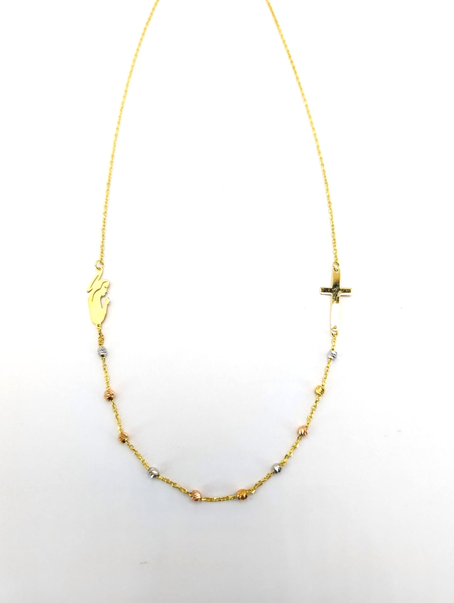 18KT Gold Rosary Necklace – Cross, Virgin Mary & Tri-Color Beads