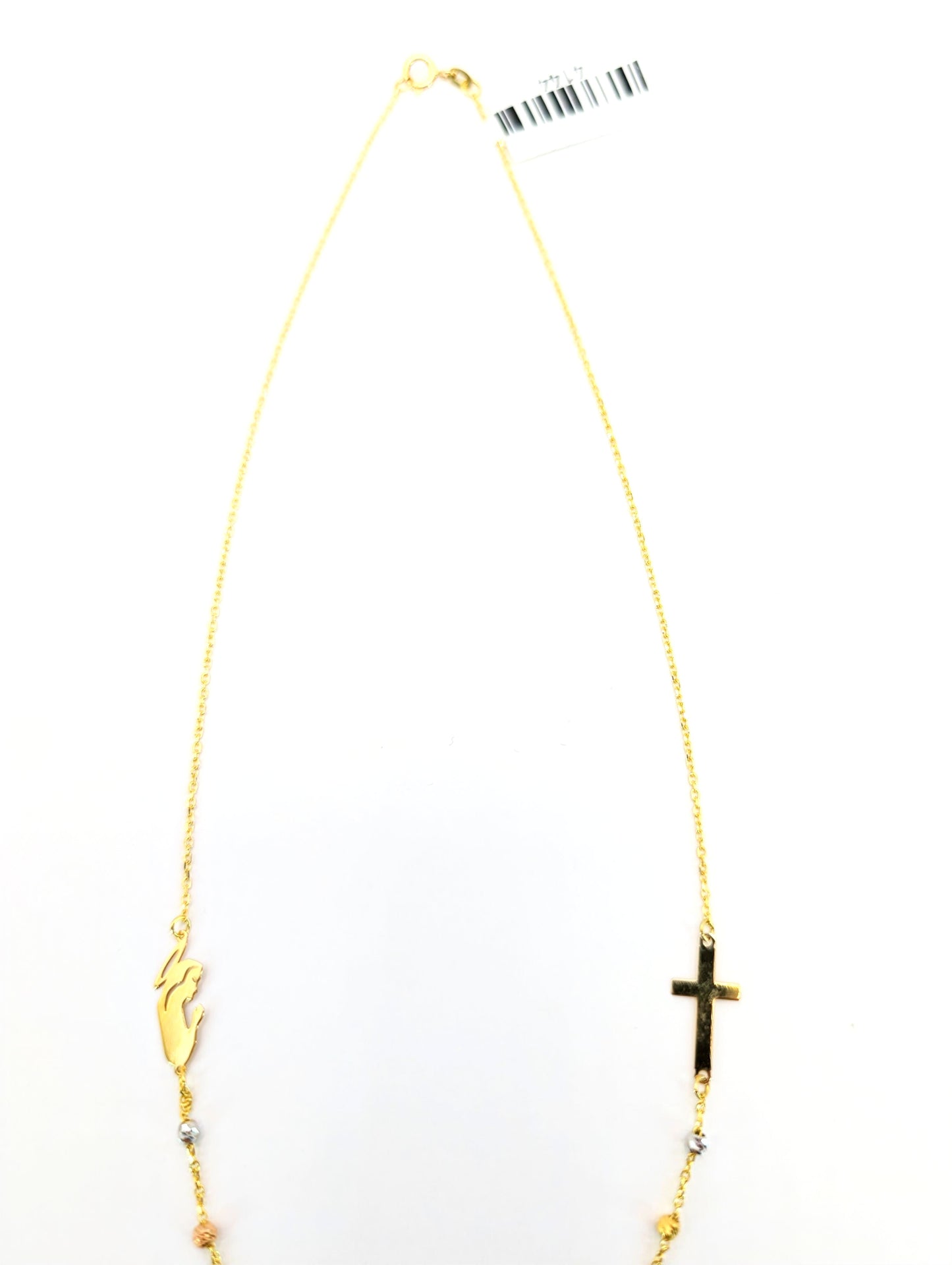 18KT Gold Rosary Necklace – Cross, Virgin Mary & Tri-Color Beads