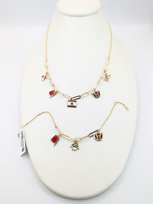 Lebanese Heritage 18KT Gold Charm Necklace & Bracelet Set